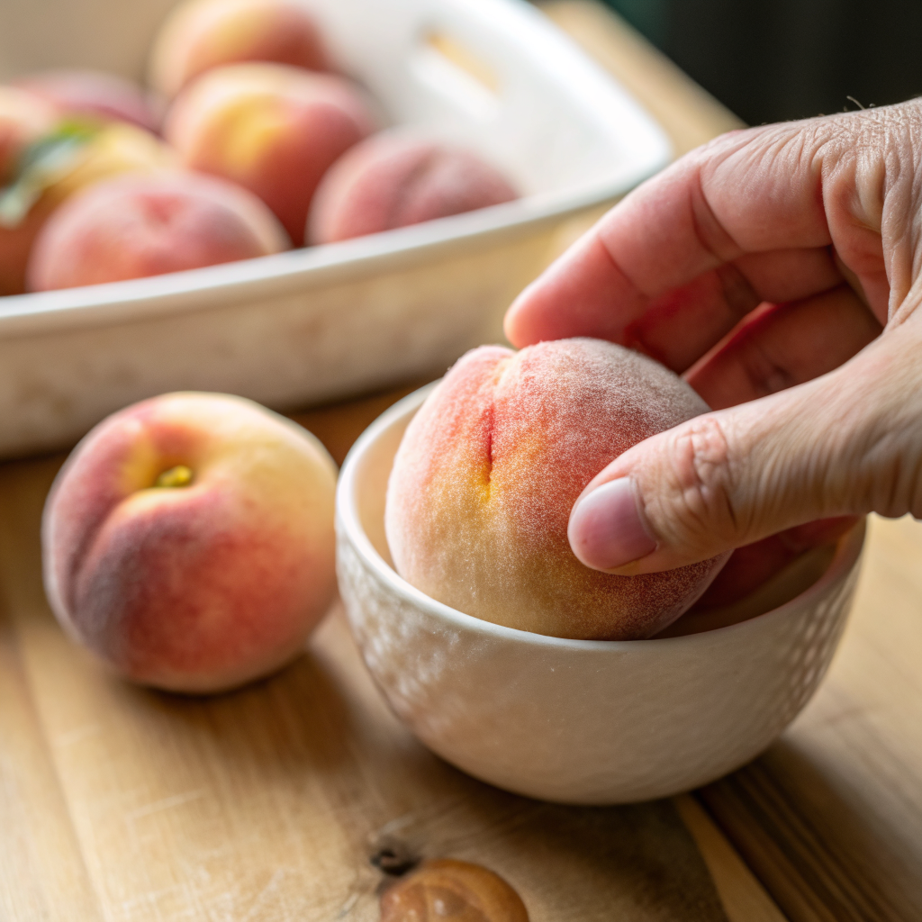 Fresh honey peach with soft fuzz and vibrant blush skin