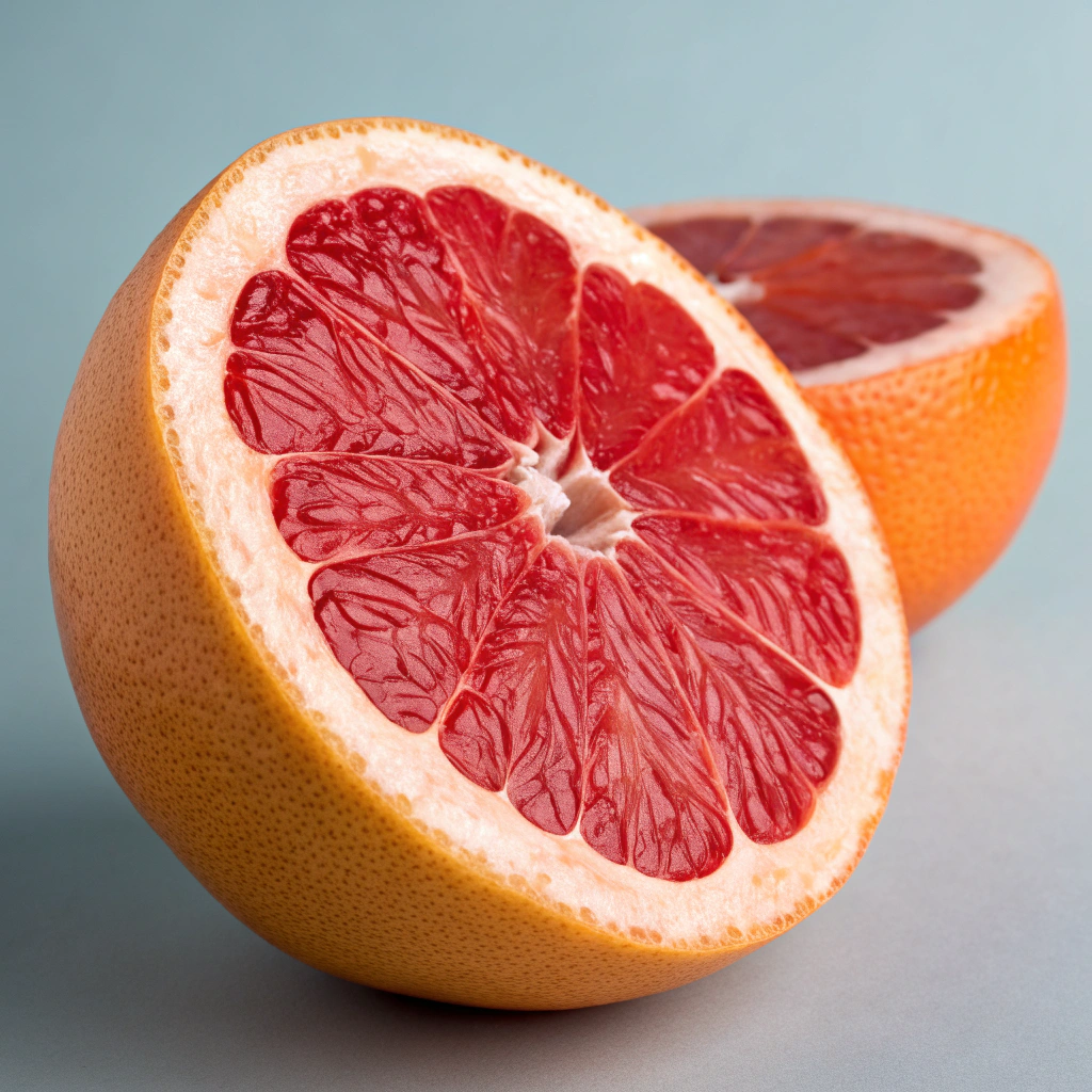 Cross section of a ruby grapefruit showing pink segments