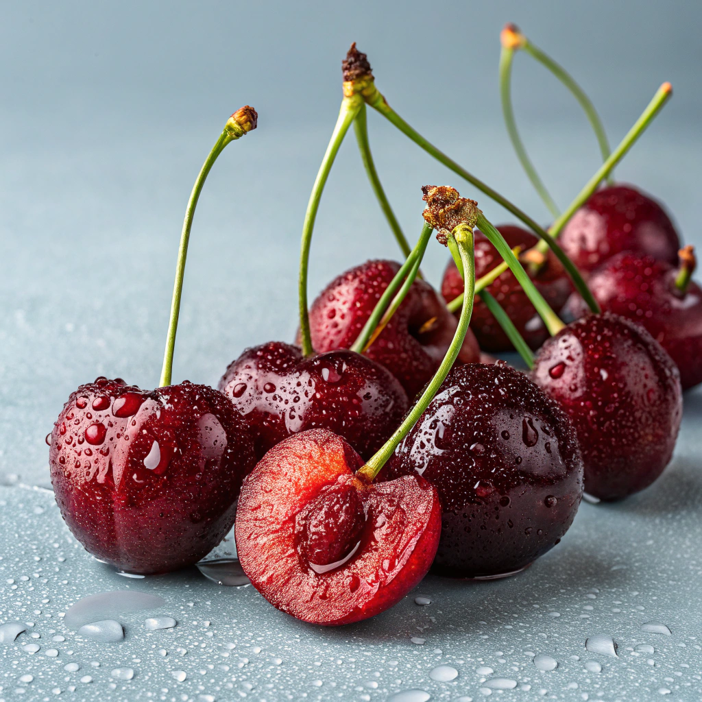 Fresh cherries with stems on a rustic surface