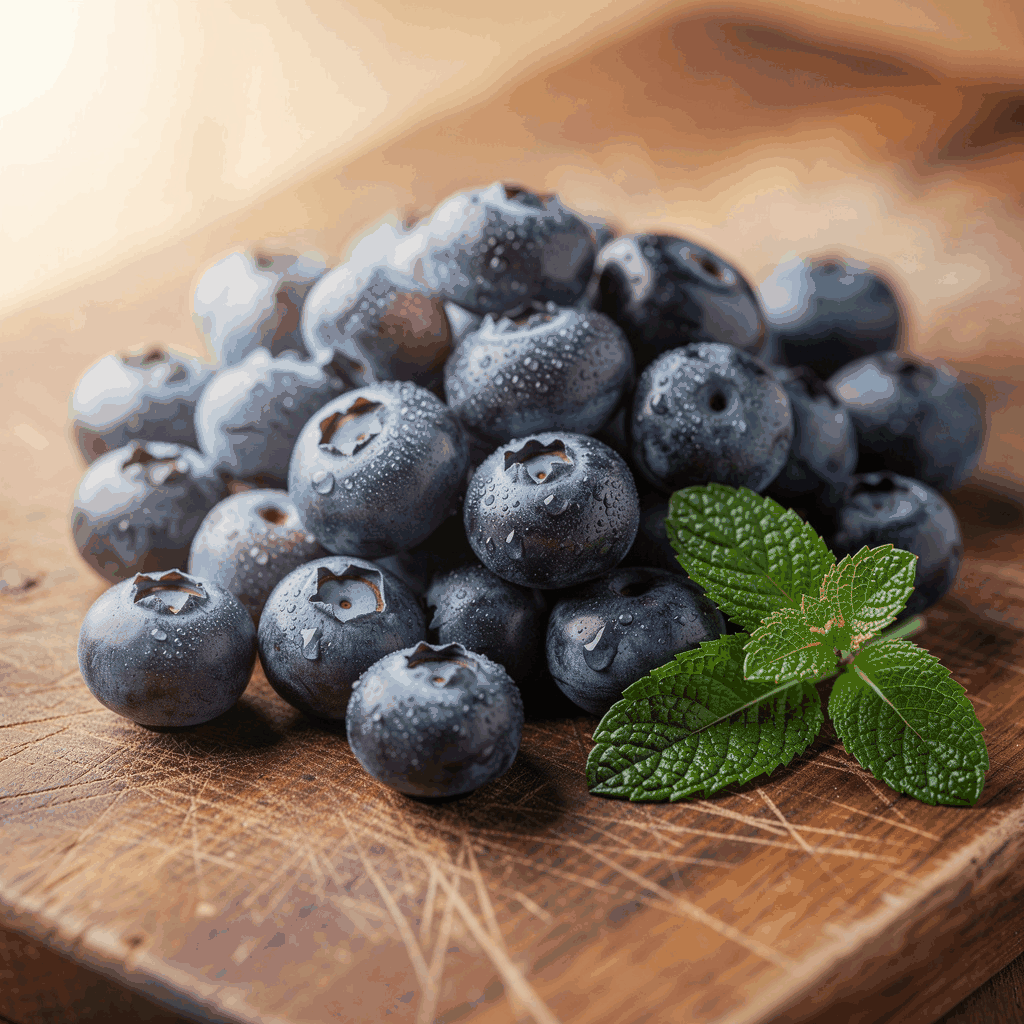 Handful of fresh wild blueberries in a ceramic bowl